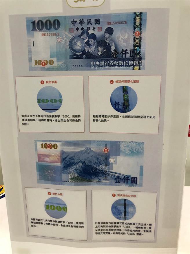 彰化县警察局提醒收到千元大钞时多花点时间检查，查扣偽钞在中央银行字样旁印有玩具钞票的小红印，材质粗糙，条状箔膜也无光影变化效果，且无墨纹浮凸的触感序，只要透过「看一看」、「摸一摸」、「转一转」简单三原则，就可以辨别。（彰化县警察局提供／吴敏菁彰化传真）
