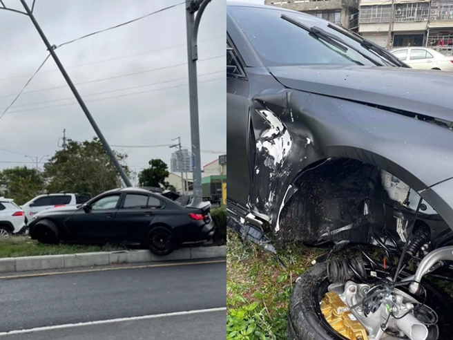 BMW M3失控自撞、轮胎变形，该车挂牌上路甚至不到10天，61岁女车主事后澄清当时开车的不是她，而是「修车厂员工」。（翻摄画面）
