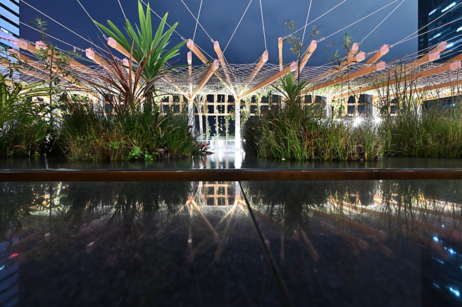 桁架平臺水池區在間接照明之外加裝泛光燈，以柔和光線勾勒出L字型曲線。(攝影/Carter)