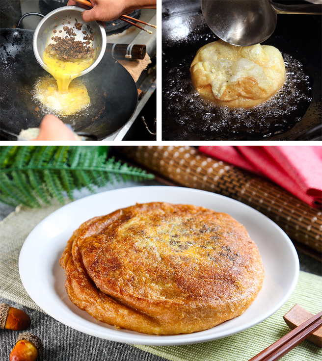 有别于一般家常菜圃蛋的扁平状，正宗经典菜圃蛋的厚煎作法只要下锅两三秒就会决定能否成型了。(摄影/Carter)