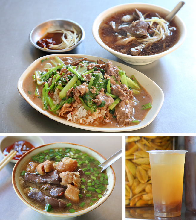 羊肉烩饭配一碗当归羊肉汤(上)、阿柳姨猪血汤(左下)、添记古早味杨桃汤(右下)，都是觅食的好选择。(摄影/Carter)