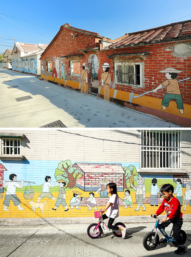 永安盐田社区「画」身为迷你的彩绘村，古朴老建筑壁画全都成了盐田绘本故事，记录盐村人、盐村事。(摄影/Carter)
