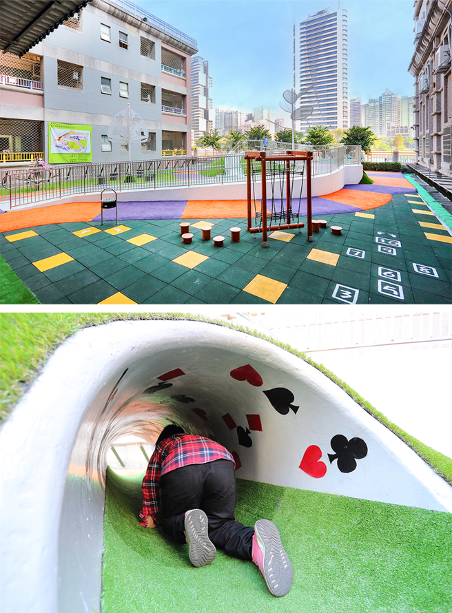 游乐场结合「爱丽丝梦游仙境」概念，爬进山丘下的涵洞，犹如爱丽丝掉入树洞，展开有趣、刺激又奇幻的学习之旅。(摄影/Carter)

