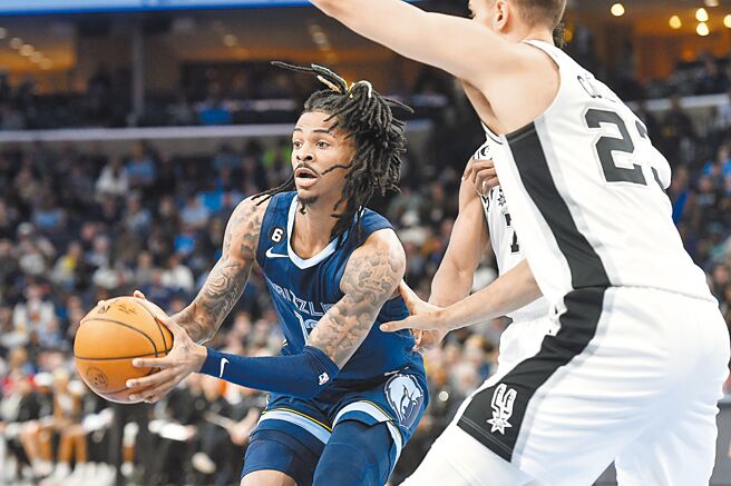 莫兰特（左）復出飙进38分，率领灰熊135比129击败马刺，夺下8连胜，与金块并列西区第一。（美联社）