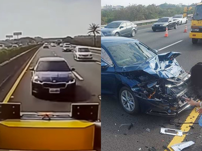 国道1号麻豆段12日发生一辆进口轿车疑开启「辅助驾驶」，21岁驾驶疏忽下竟撞上前方正在作业的缓撞车，车头撞凹粉碎，事发影片曝光。（翻摄画面）