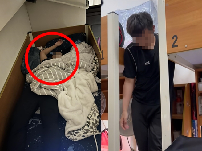 北科大日前发生有名醉汉趁学生离开房间上厕所时，竟直接闯入房间躺在学生床位上呼呼大睡，对方后来缓缓起身，离开时还想穿学生的鞋子。（翻摄自脸书「爆料公社」）