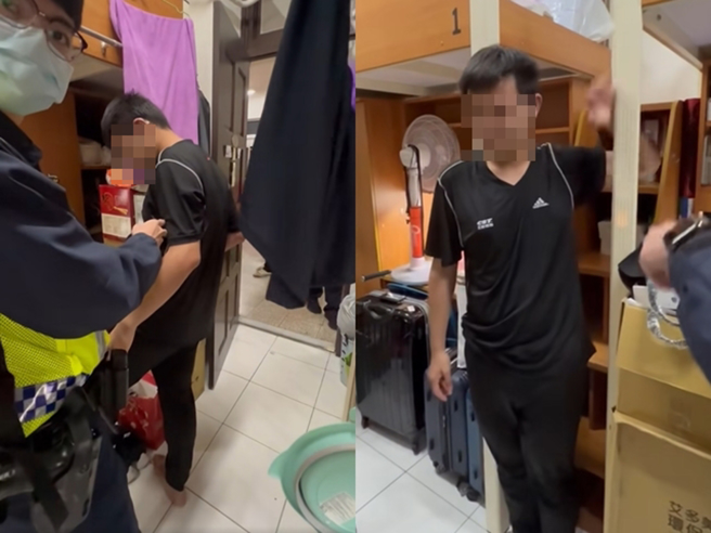 北科大日前发生有名醉汉趁学生离开房间上厕所时，竟直接闯入房间躺在学生床位上呼呼大睡，对方后来缓缓起身，离开时还想穿学生的鞋子。（翻摄自脸书「爆料公社」）