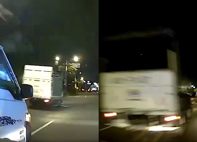 驾驶见货车太靠近便按喇叭示警，没想到，货车就再次追上，并且「硬切擦撞」甚至肇事逃逸，留下驾驶停在路中央打电话报警。（翻摄自脸书爆料公社）