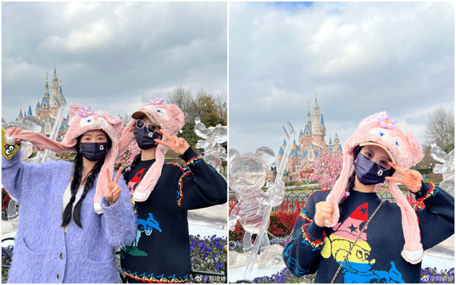 刘诗诗和何蓝逗到迪士尼玩耍。（图／微博@刘诗诗）