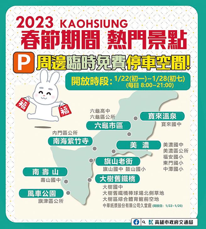 高雄市交通局于春节期间针对热门景点周边提供临时免费停车空间。（翻摄照片／洪靖宜高雄传真）