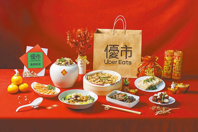 Uber Eats優市在「來辦年貨」專區，一次上架了年菜、禮盒、生鮮食材等商品，更與南門市場30年老舖「逸湘齋」合作祭10款功夫菜。（Uber Eats提供）