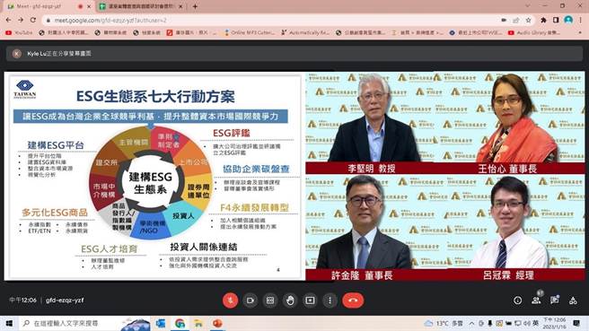 会计研究发展基金会举行ESG线上研讨会，右上为会计研究发展基金会王怡心董事长、左上为臺北大学李坚明教授、左下为 倍力资讯许金隆董事长、右下为 SGS 台湾检验科技吕冠霖经理。（基金会提供）