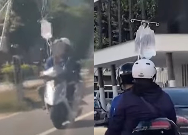 有一家人周末到台南去玩，竟然在街头看到「生命骑士」，1名阿伯「吊点滴」单手骑机车。（翻摄影片）