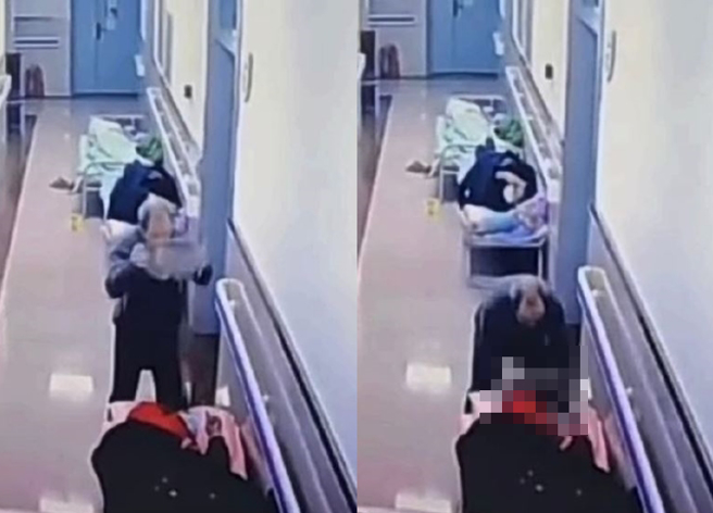 大陸有名老翁深夜出沒在醫院，並搬著大石頭往熟睡中的女病患砸下去，兇殘的手法嚇壞網友。（翻攝自微博）