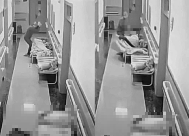 該名老翁砸完1名女病患後，竟然又走向另外1名女病患再次砸下大石頭。（翻攝自微博）