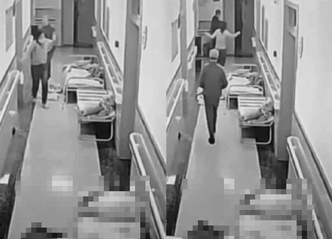 該名女病患遭砸中後驚醒，伸手阻擋老翁的第二次攻擊，並趕緊跳下床逃跑，但老翁竟搬著大石頭追著女病患跑。（翻攝自微博）