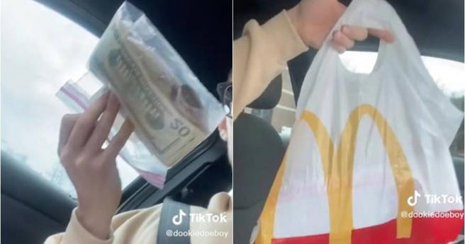 一名美国男子买得来速，却发现袋中有一袋美金，高达数千美元。（图／翻摄自tiktok）