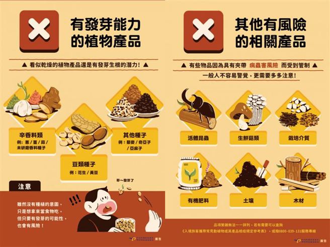 会发芽的植物产品也禁止携带入境。(翻摄自动植物防疫检疫局-防疫小尖兵FB)