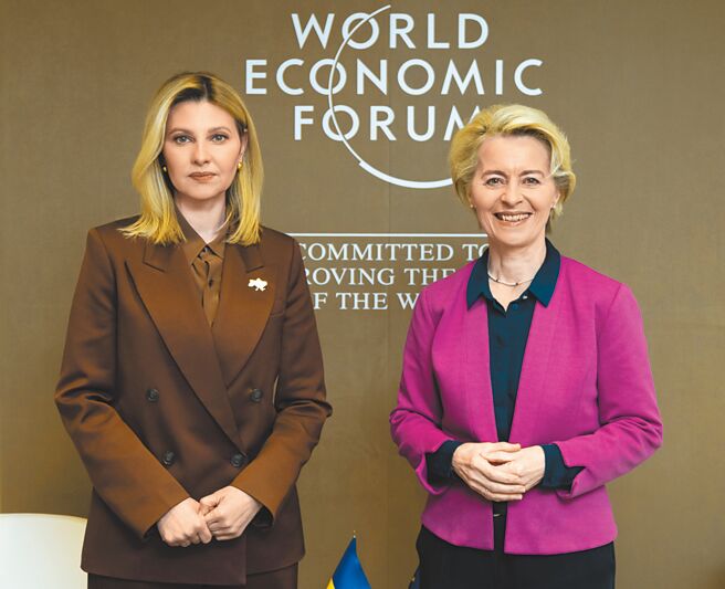 烏克蘭第一夫人歐倫娜‧澤倫斯基（左）17日在世界經濟論壇發表演說，並與歐盟主席范德賴恩（右）會晤。（摘自歐倫娜‧澤倫斯基推特）