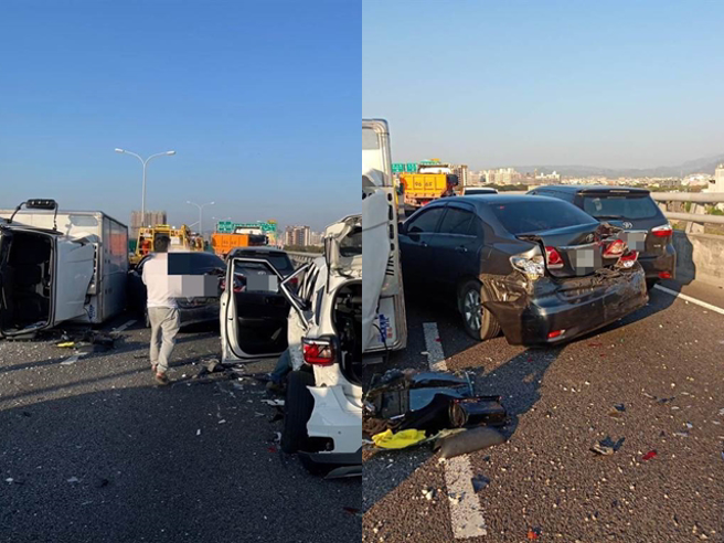 最先發生追撞的砂石車行車紀錄器畫面曝光，原來砂石車行駛到一半，一輛小貨車竟突然「鬼切」至中線，造成連環追撞。（翻攝自臉書「記者爆料網」）