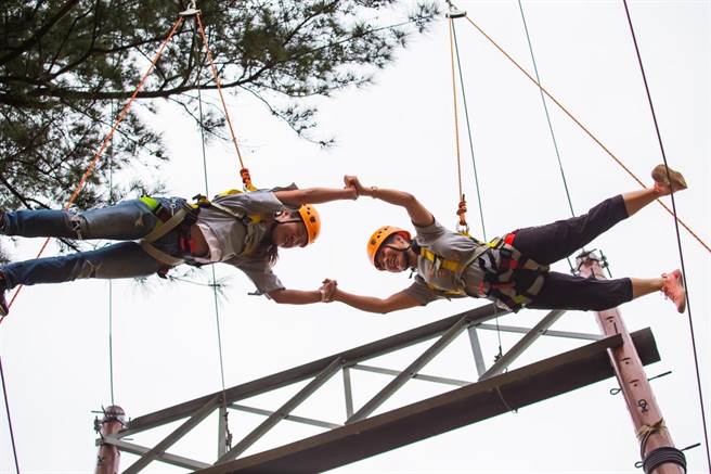 桃园青年体验学习园区「高空姻缘路」训练2人合作默契。（青年局提供／蔡明亘桃园传真）