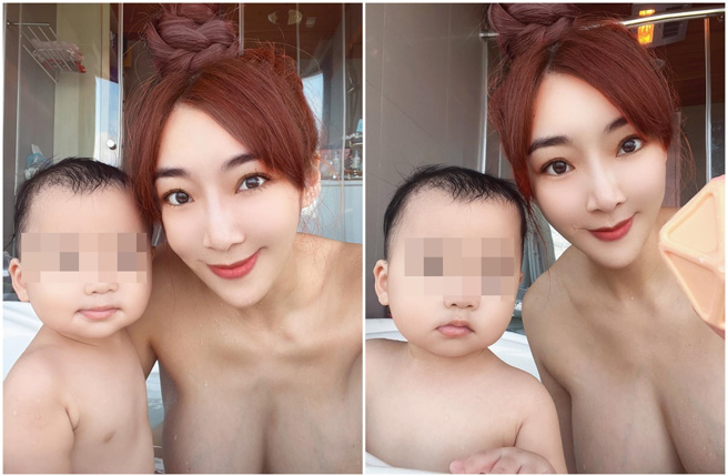 李宓晒出跟儿子泡澡的照片，F级傲人身材全被看光。(图/李宓 脸书)
