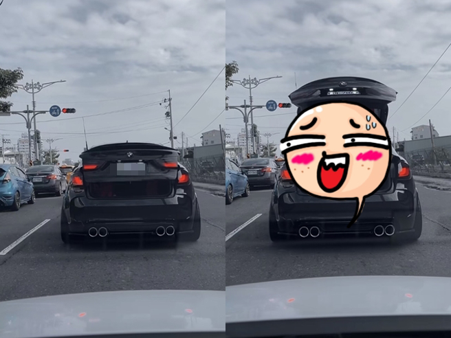 一辆BMW X6突然左切至轿车前方后开启「电尾门」，后车厢缓缓打开后竟是2条春联被拉开。（翻摄自脸书「Drive 7867 Life」）