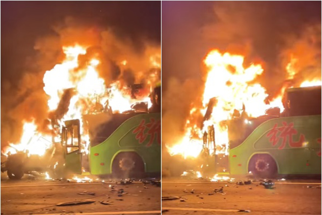 恐怖畫面曝光！初一國道6車追撞釀2死9傷，現場如「紅色煉獄」燃燒。(翻攝臉書爆料公社)