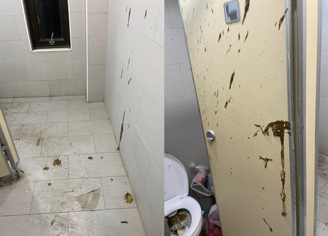 有男子在埔心公园内的公厕，发现疑似遭屁孩拉完屎，再用边跑炸马桶，导致屎飞溅四周，噁心的一幕让他看的很无奈。（翻摄自脸书我是杨梅人）