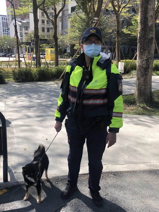 高雄昨日员警巡逻发现有一只走失黑柴，意外成为最萌「警犬」。（翻摄照片／崔正纲高雄传真）