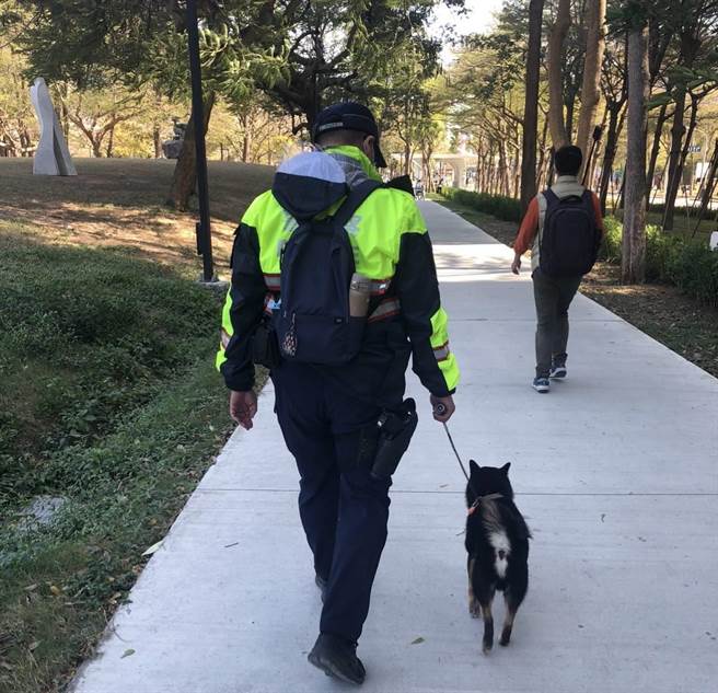 高雄昨日员警巡逻发现有一只走失黑柴，意外成为最萌「警犬」。（翻摄照片／崔正纲高雄传真）