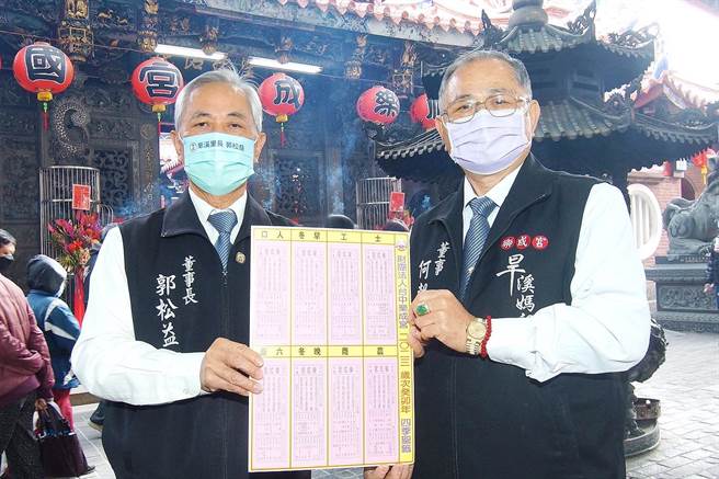 台中市东区乐成宫董事长郭松益（左）率领董监事，今年于大年初四25日抽出「国运籤」为「中上籤」。（乐成宫提供／张妍溱台中传真）