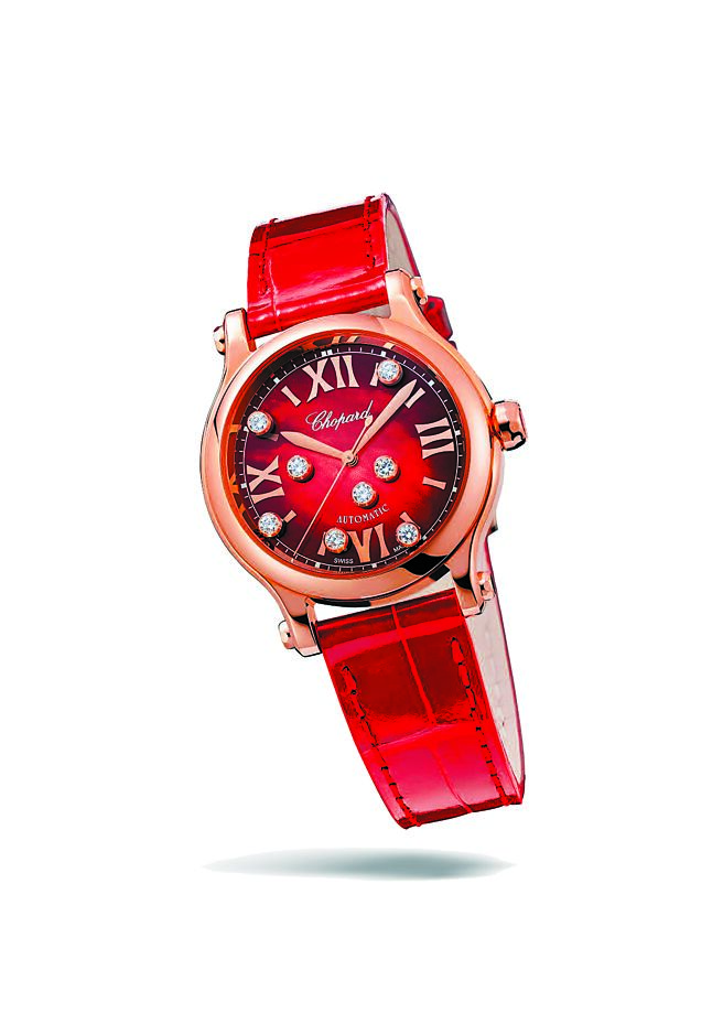蕭邦在兔年推薦紅色系的Happy Sport珠寶表，八顆滑動鑽石有著「鑽轉賺」的意涵，56萬元。（CHOPARD提供）