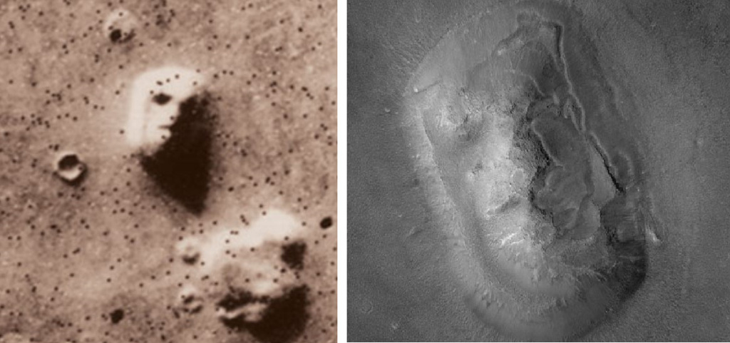 着名的「火星人脸」，左为1976年维京1号(Viking 1 )所摄，山脉的光影呈现如何人脸。右为火星全球测量者( Mars Orbiter)在2001年在同一地方的重新拍摄。(图/NASA)(photo:ChinaTimes)