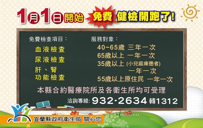 宜蘭縣政府衛生局自1月1日起提供40至64歲的民眾每3年1次免費成人健康檢查，55歲以上原住民及65歲以上民眾每年1次。（宜蘭縣政府衛生局提供／吳佩蓉宜蘭傳真）