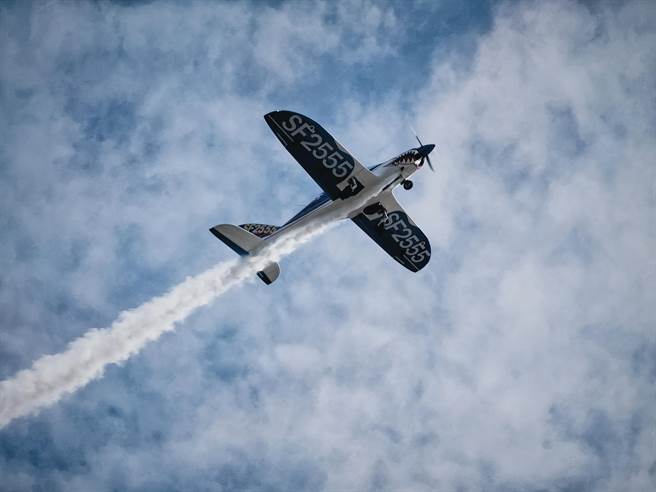 飞行员在空中360度沿着纵轴、横轴和立轴三轴空间中，短时间内做出高难度综合旋转动作。(吴建辉摄)