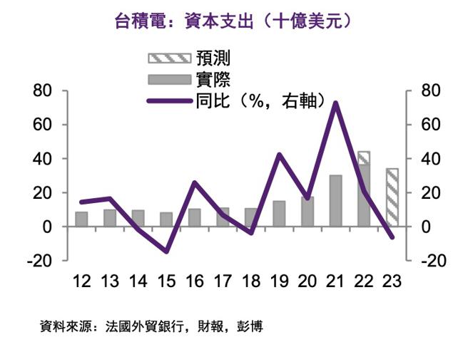 （台積電資本支出歷年變動。資料來源／法國外貿銀行）