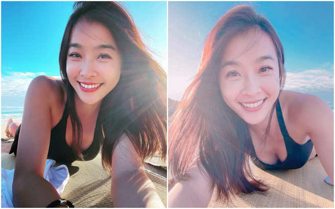 小娴在海边单穿内衣做运动。（图／FB@小娴）