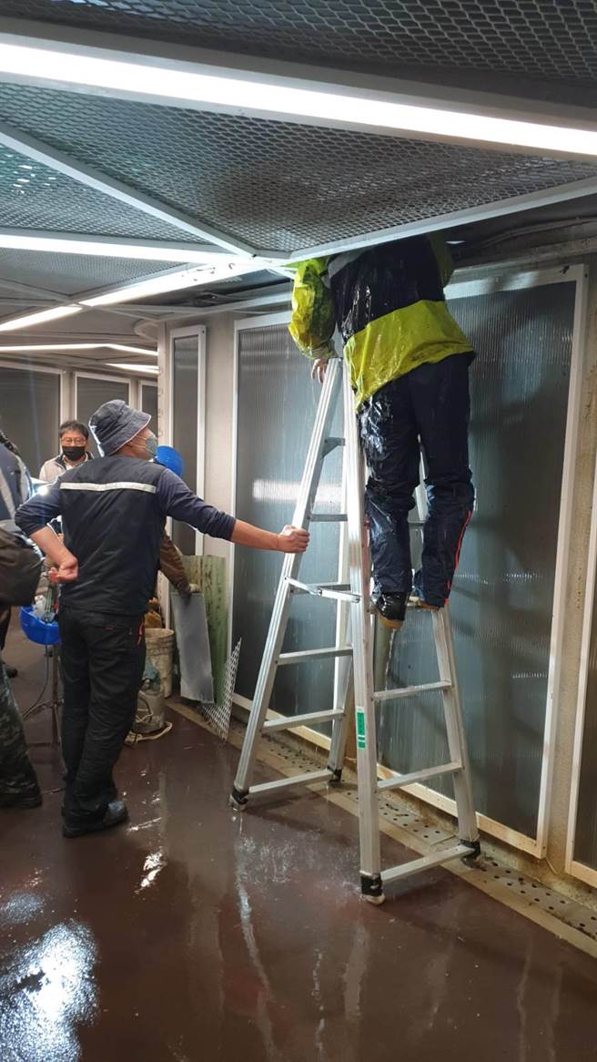 基隆市爱三路、仁爱路口的人行地下道，春节连假期间出现漏水，30日上午基隆市议长童子玮到现场关心工务处维修进度。（童子玮服务处提供／张志康基隆传真）