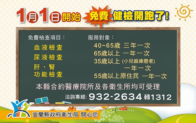 宜兰县卫生局提供40至64岁民眾每3年1次免费成人健康检查，55岁以上原住民及65岁以上民眾每年1次，可定期检视自己的健康状况。（宜兰县卫生局提供／吴佩蓉宜兰传真）