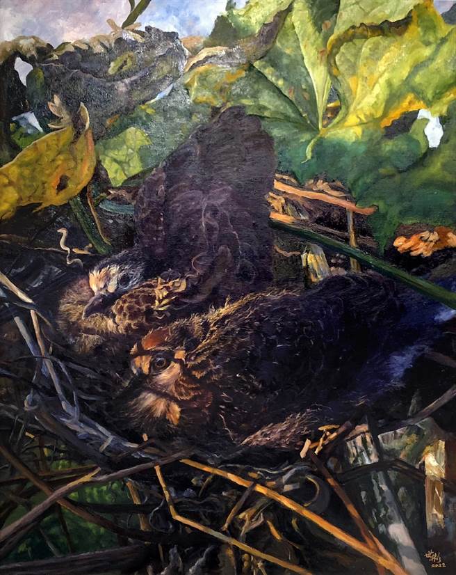 许世彬作品《丝瓜架上的雏鸠》瓜架上筑巢育雏的斑鸠，温润醇厚的色调蕴涵深浓亲情。（葫芦墩文化中心提供／陈世宗台中传真）