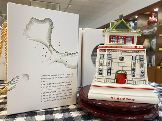 新版的「莒光楼艺品纪念酒」完美復刻莒光楼古典建筑形象，就连外盒设计部分也有许多巧思。(于家麒摄)