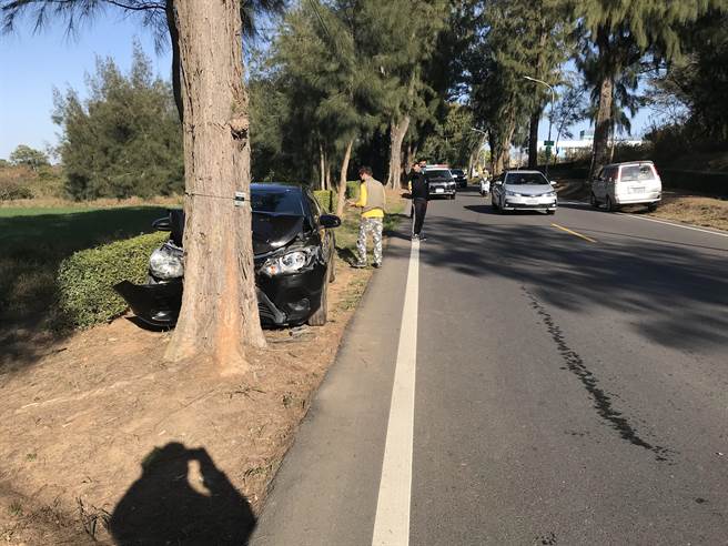 陳姓男子疑因精神不濟，導致自撞路邊行道樹發生交通事故。(圖／警方提供)