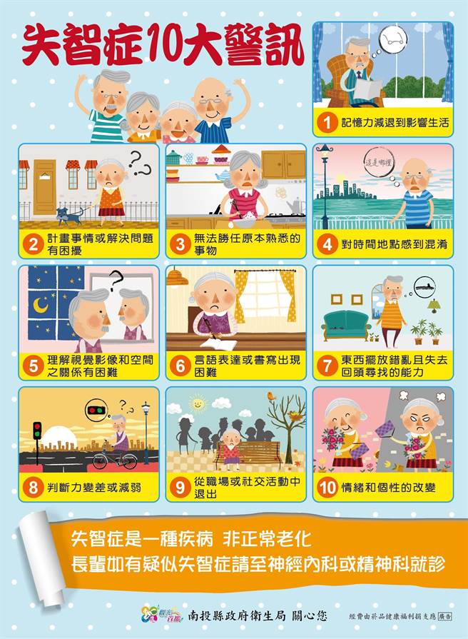 记忆力衰退、重复相同问题，「失智症」10大警讯。（南投县政府提供／廖志晃南投传真）
