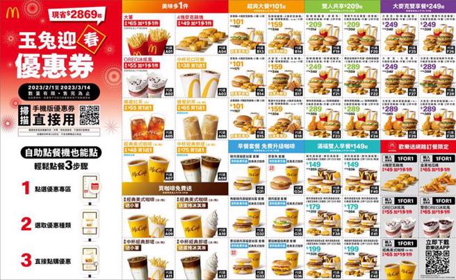 麦当劳为刺激消费，推出史上最杀「2023玉兔迎春优惠券」，即日起至3月14日连续42天从早到晚都可用。（图／台湾麦当劳提供）

