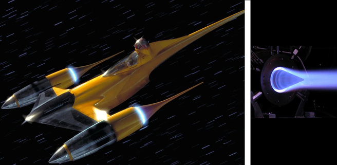經典科幻史詩片星際大戰的「納卜戰機」，它的引擎中間有個軸，噴嘴在四周，與NASA研究中的旋轉爆震引擎外型幾乎一致。(圖/STAR WARS WIKI,NASA)