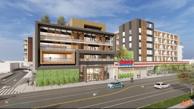 美国建商Thrive Living发表一处结合大卖场好市多（Costco）与800户公寓的住商混合建筑示意图，预计进驻洛杉矶南区。（图／中央社）