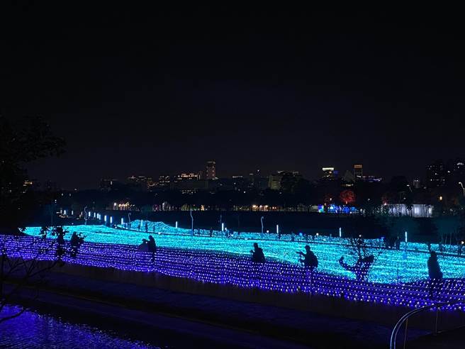 光之流域燈區旁的「星光熠熠」藍色燈海十分浪漫，廣受民眾喜愛。（張亦惠攝）
