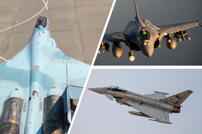 義大利空軍歐洲颱風戰鬥機和一架法國飆風戰機以及蘇愷35。(DVIDS / 俄羅斯國防部 張威翔製圖）