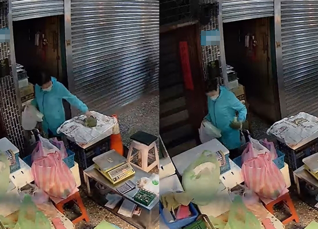 有名大媽經過魚攤販時，看見有顆綠花椰在放在攤位後方，竟然順手直接拿走，「行雲流水」的動作也驚呆網友。（翻攝自臉書汐止集團）